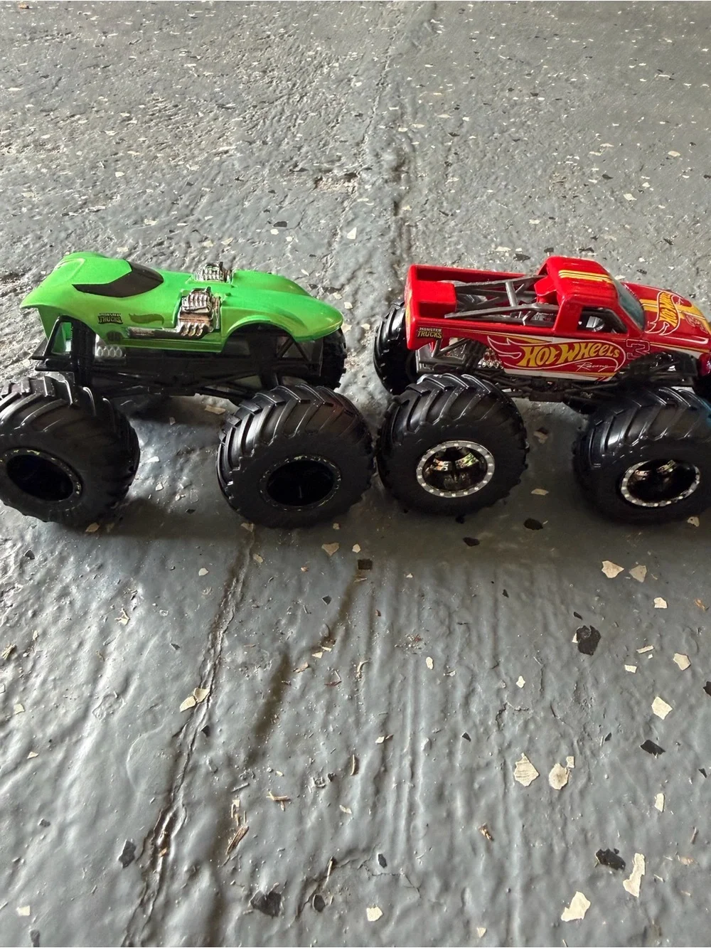 Hot Wheels Monster Trucks collection green Race Ace, Demo Derby and shark wreck